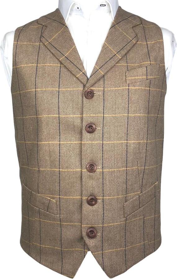 King & Priory Light Oak Brown Herringbone Check Waistcoat with Lapel ...