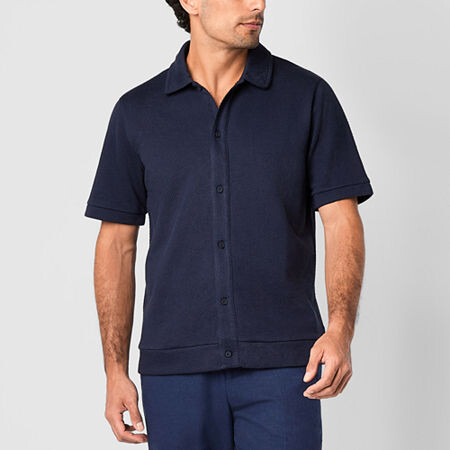 Stafford Button-Front Knit Mens Short Sleeve Regular Fit Button-Down Shirt