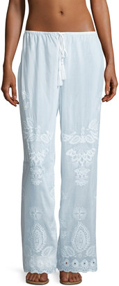 Seafolly Embroidered Cotton-Silk Coverup Pants, White
