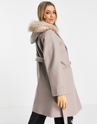 Miss Selfridge faux fur collar skater wrap coat in mink - ShopStyle
