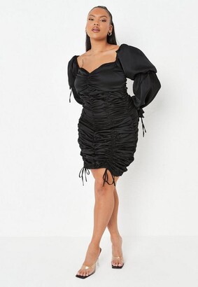 Missguided Plus Size Black Satin Ruched Puff Sleeve Mini Dress