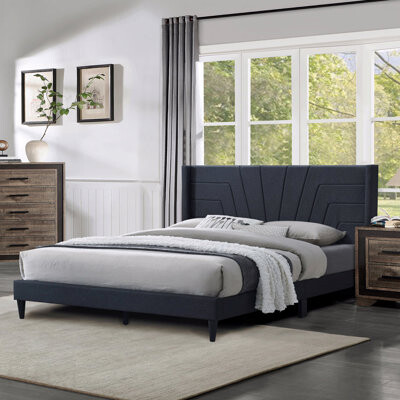 Latitude Run Queen Burlap Upholstered Platform Bed Frame, Headboard