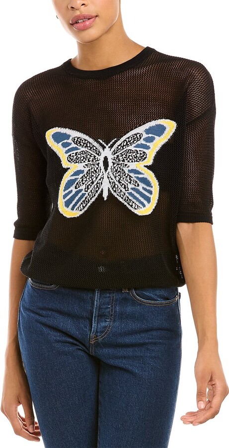 Ladies Large Boat Neck Sweater Butterfly Jumper Knit Black White Butterflies S14 