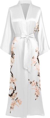 BABEYOND Kimono Dressing Gown Floral Printed Kimono Robe Long Satin Kimono Dress Cover Up for Women Wedding Pyjamas Party 135cm/53inches (Black)