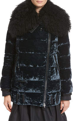 Moncler Isabelle Velvet Puffer Coat w/ Shearling Collar