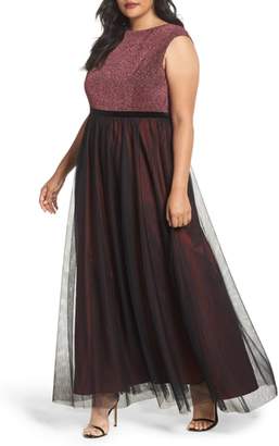 Sangria Metallic Knit & Tulle A-Line Gown