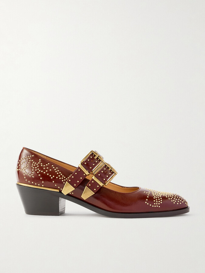 Chloé Susanna Studded Leather Mary Jane Pumps - Brown