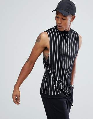 ASOS Design Longline Vertical Stripe Sleeveless T-Shirt With Mesh Double Layer