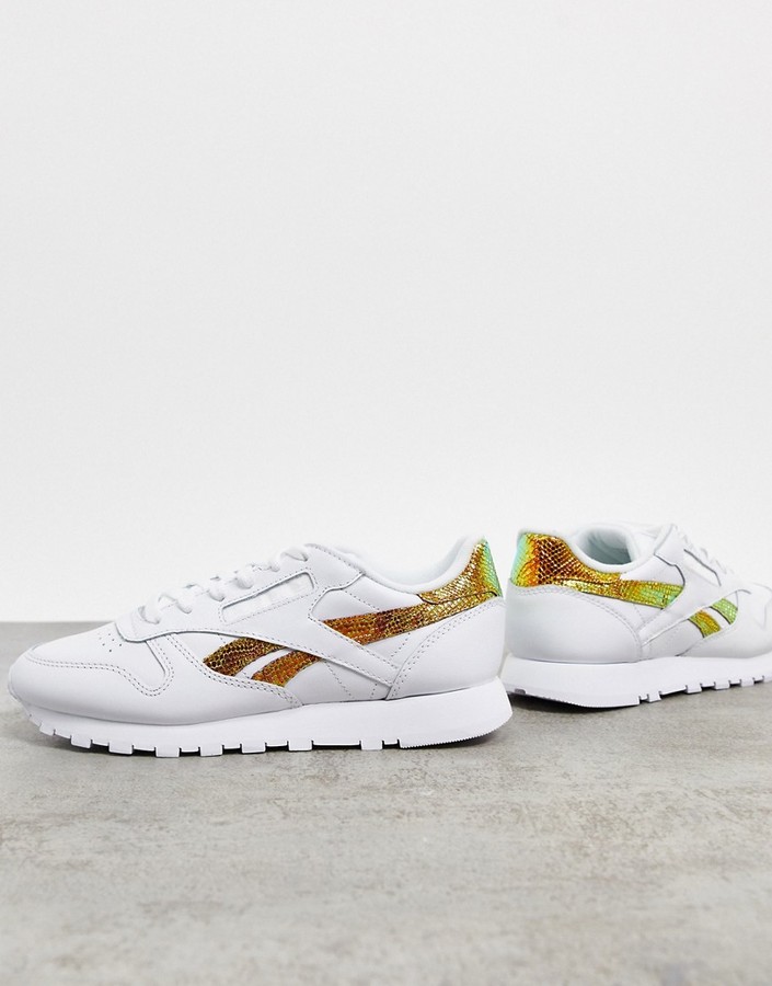 Reebok Classic leather sneakers in white with iridescent snake print  detailing - ShopStyle