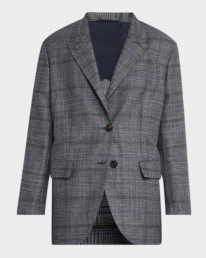 Brunello Cucinelli Belted Wool Prince Of Wales Single-Breasted Blazer Jacket