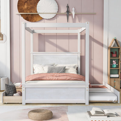 Laurel Foundry Modern Farmhouse Wood Canopy Bed with Trundle Bed and two Drawers ,Canopy Platform bed With Support Slats .No Box Spring Needed, Brushed White