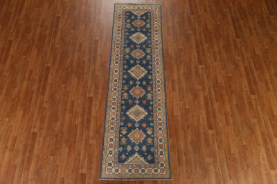 Rugsource Blue Geometric Kazak Pakistani Runner Rug Handmade 3X9