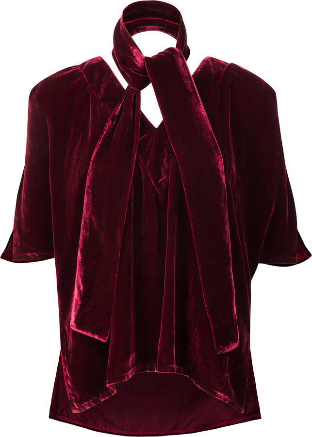 La Femme Mimi Red Silk Velvet Blouse