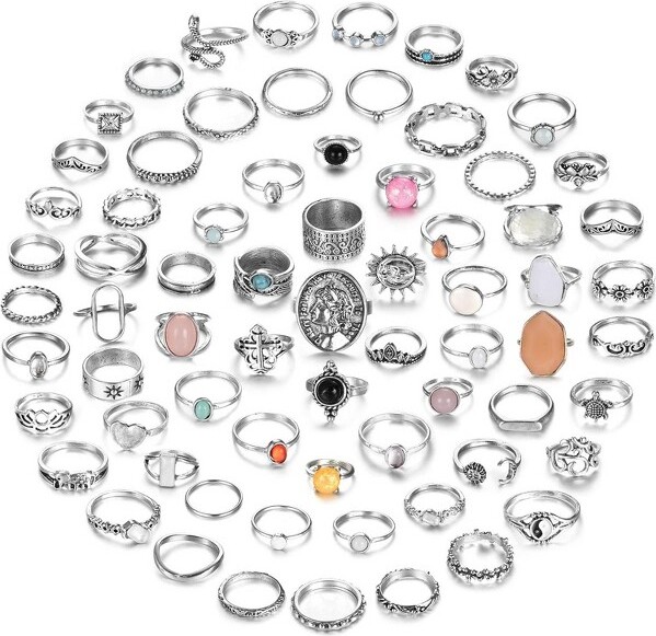 Empire DigiLabs 70PcsVintageCrystalRingSetKnuckleRingsforWomenBohemianStackableJointRingsRetroBohoStackingJointSilverPlated7
