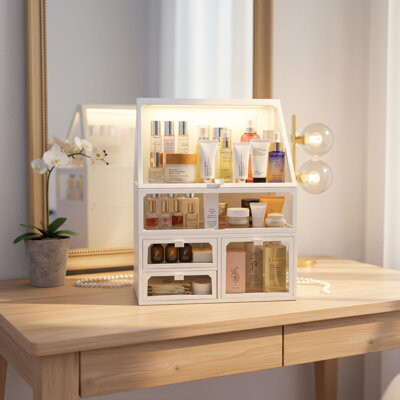Rebrilliant White Retro Glass 3-Drawer Cosmetic Storage Set. Dustproof And Waterproof Design. Can Store Makeup Brushes Lipsticks And Jewelry. Features A Dedicat