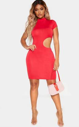 PrettyLittleThing Shape Red Jersey Cut Out Side High Neck Bodycon Dress