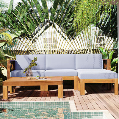 BOSTINS Outdoor Backyard Patio Wood 5-Piece Sectional Sofa Seating Group Set With Cushions Natural Finish+ Cushions