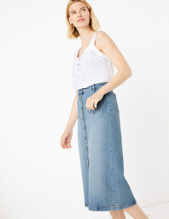 denim button front midi skirt