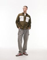 Thumbnail for your product : Topman long sleeve regular fit cord overshirt with contrast pockets in khaki