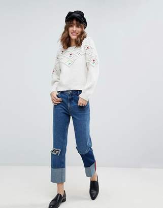 ASOS DESIGN Sweater with Pom Poms and Floral Embroidery