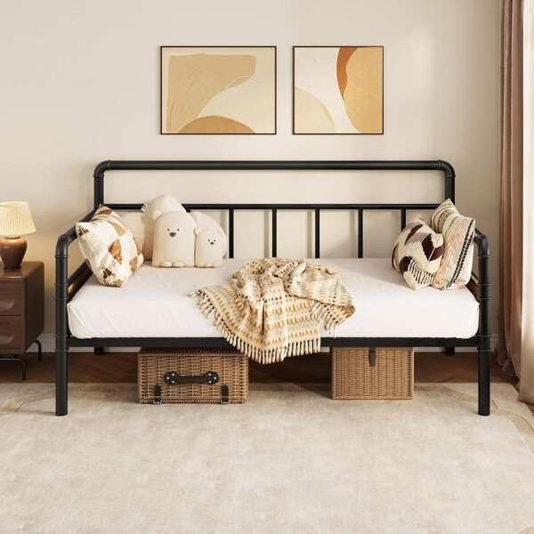 DobleePy MetalTwinBedFrame,TwinDaybedwithClassicHeadboard,NoBoxSpringNeeded,RoomNoiseFree,SofaBedFrameforLivingRoom,Black