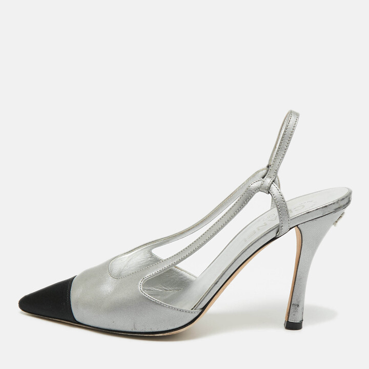 Chanel Black/Silver Leather and Canvas Pointed Toe Slingback Pumps Size 41
