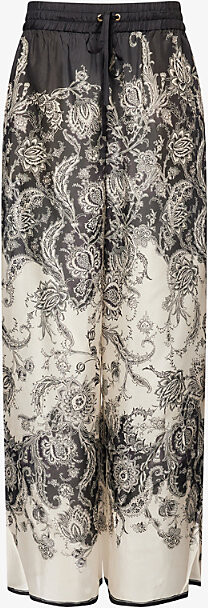 Zimmermann Womens Cream Black Floral Rhiannon Relaxed-Fit Silk Trousers Xs