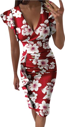 AMhomely Women Casual Chiffon Plus Size Floral Print Short Sleeve Bandage Dress Sale 