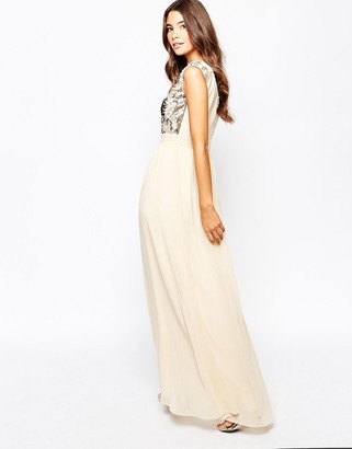 Little Mistress Chiffon Maxi Dress With Bardot Neck And Sequin Front