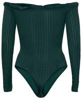 Thumbnail for your product : PrettyLittleThing Emerald Green Mesh Stripe Bardot Long Sleeve Thong Bodysuit