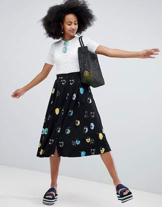 Monki All Over Face Print Midi Skirt