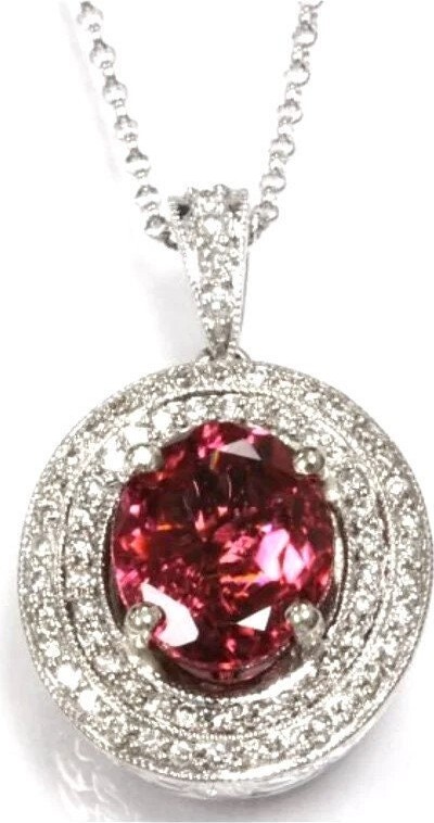 Etsy 2.9 Ctw Natural Pink Tourmaline & Diamond Double Halo Pendant Necklace/Filigree Oval Necklace/ Solid 14K 18K Gold/October Birthstone