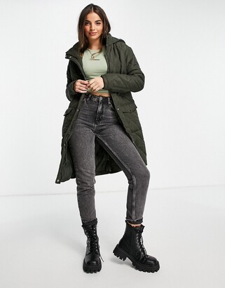 Brave Soul iriana maxi longline quilted jacket in khaki