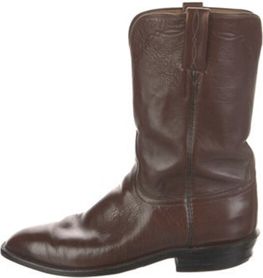 Lucchese Leather Ankle Combat Boots Brown Semi-Pointed Toes with Embroidered Accent Designer