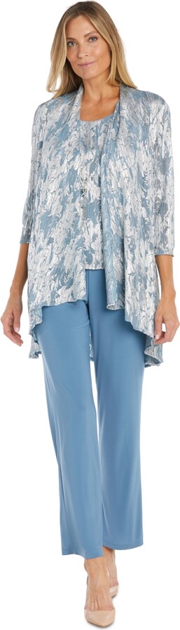R & M Richards Women's 3-Pc. Metallic Jacquard Jacket, Tank Top & Pant Set - Ocean/Silver