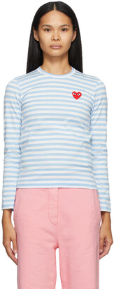 Comme des Garçons PLAY Blue & White Striped Heart Patch Long Sleeve T-Shirt