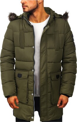 Buetory Mens Winter Coats Long Warm Down Jacket Casual Quilted Puffer Parka Windproof Jackets Cotton Coat with Removable Hood Army Green
