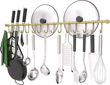304 Stainless Steel Kitchen Utensil Hanger - 30 Inch Wall Mount With 15 Noiseless Sliding Hooks, Pots And Pans Hanging Rack, Organizer Storage, Golden