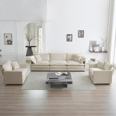 Hokku Designs Beige Chenille Living Room Style : 1+1+3 Seats Modern Design High Fabric Seats In Beige: Upholstery Look Solid Wood Construction