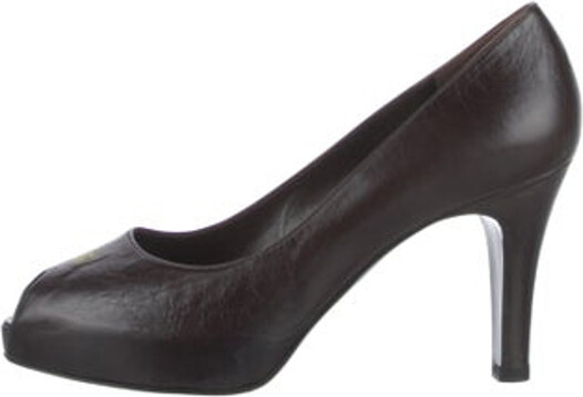 Chanel Vintage Pumps From the 1990's Collection by Karl Lagerfeld Brown Leather Interlocking CC Logo Peep-Toes Platform Designer