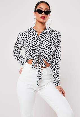 Missguided White Heart Print Tie Front Blouse