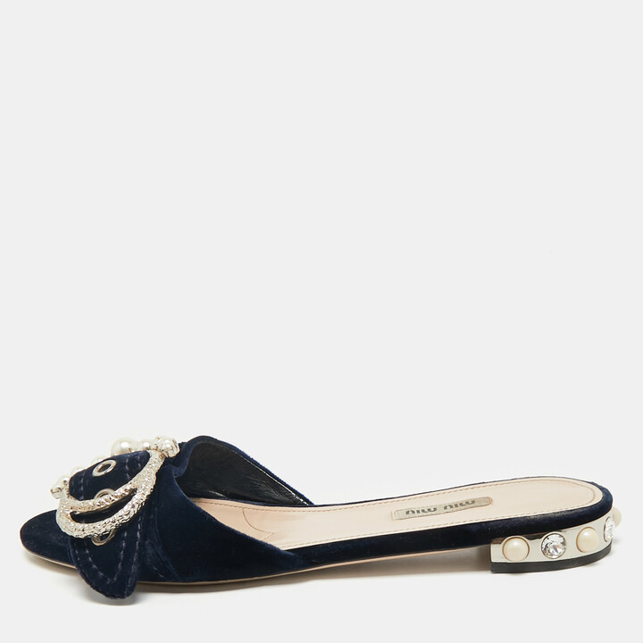 Miu Miu Navy Blue Velvet Embellished Flat Slides Size 39.5