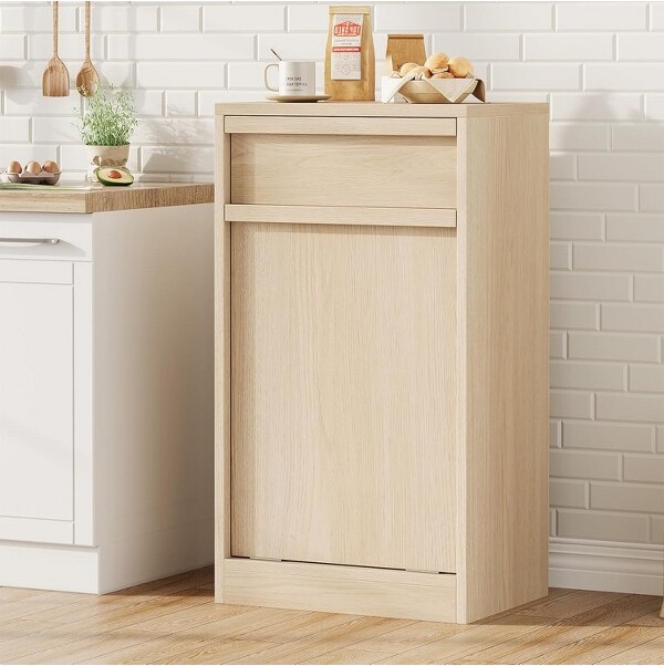 PhoenixCrest TiltableTrashCanNaturalOakTrashCanwithStorageandDrawerHiddenTrashCabinetLaundryBasketforKitchenDiningRoomLivingRoom