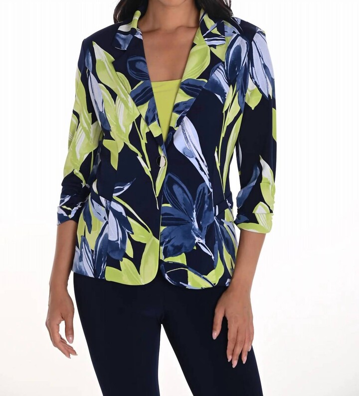 Frank Lyman Floral Print Knit Blazer In Navy/lime