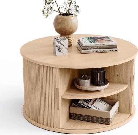 VINIUSIKI LINSY HOME Round Coffee Table, 31.5' Drum Coffee Table with Sliding Tambour Door, Fluted Accent Center Table with Storage, Mid Century Modern...