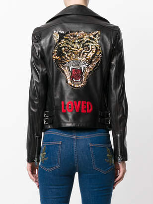 Gucci angry cat embroidered leather jacket