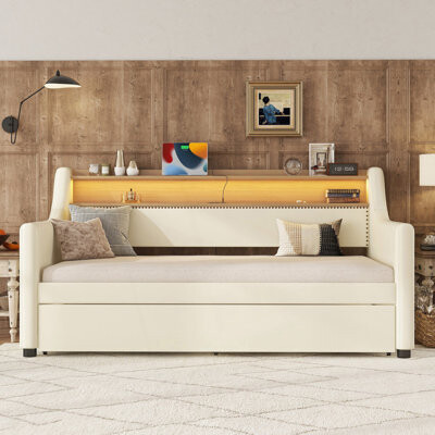 Twin Size Daybed With Trundle Bed, Upholstered Daybed With Charging Station And Led Lights, Day Bed