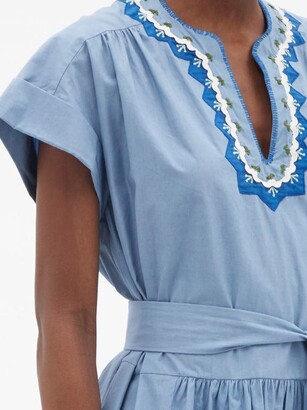 Saloni Ashley Belted Embroidered Cotton-poplin Midi Dress - Light Blue