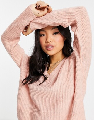 ASOS Petite DESIGN Petite boxy jumper in v neck with rib in pink