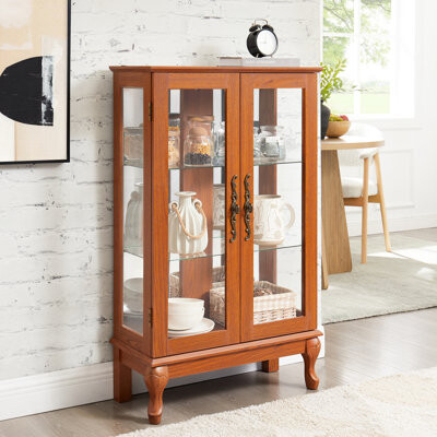 Alcott Hill American Retro Style 2 Doors Curio Cabinet With Adjustable Shelves Tempered Glass Mirrored Back  And Dark Oak For Home Or Office Showcase Oak Ele